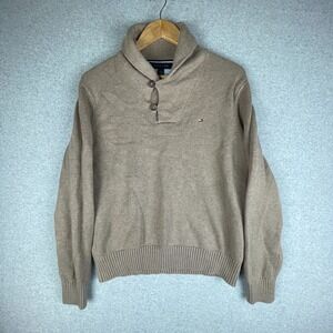 Tommy Hilfiger Sweater Men Medium Brown High Neck Jumper Pullover Quarter Button